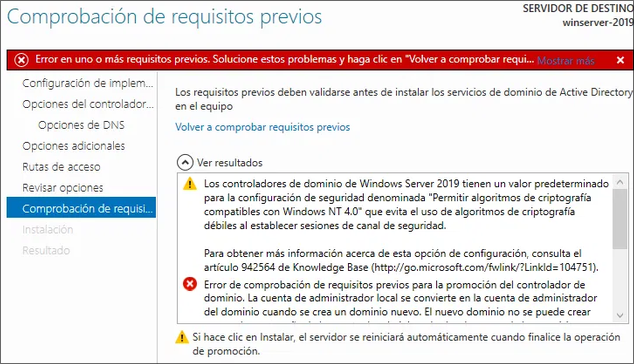 Error al instalar Active Directory — paso 1