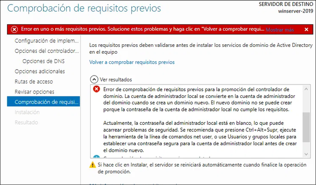 Error al instalar Active Directory — paso 2