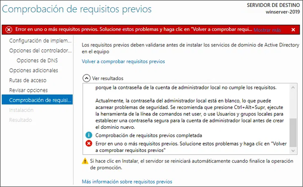 Error al instalar Active Directory — paso 3